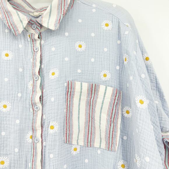Easel Womens Boho Spring Gauzy Striped Daisy Floral Printed Top Size 1X Blue - Picture 3 of 10
